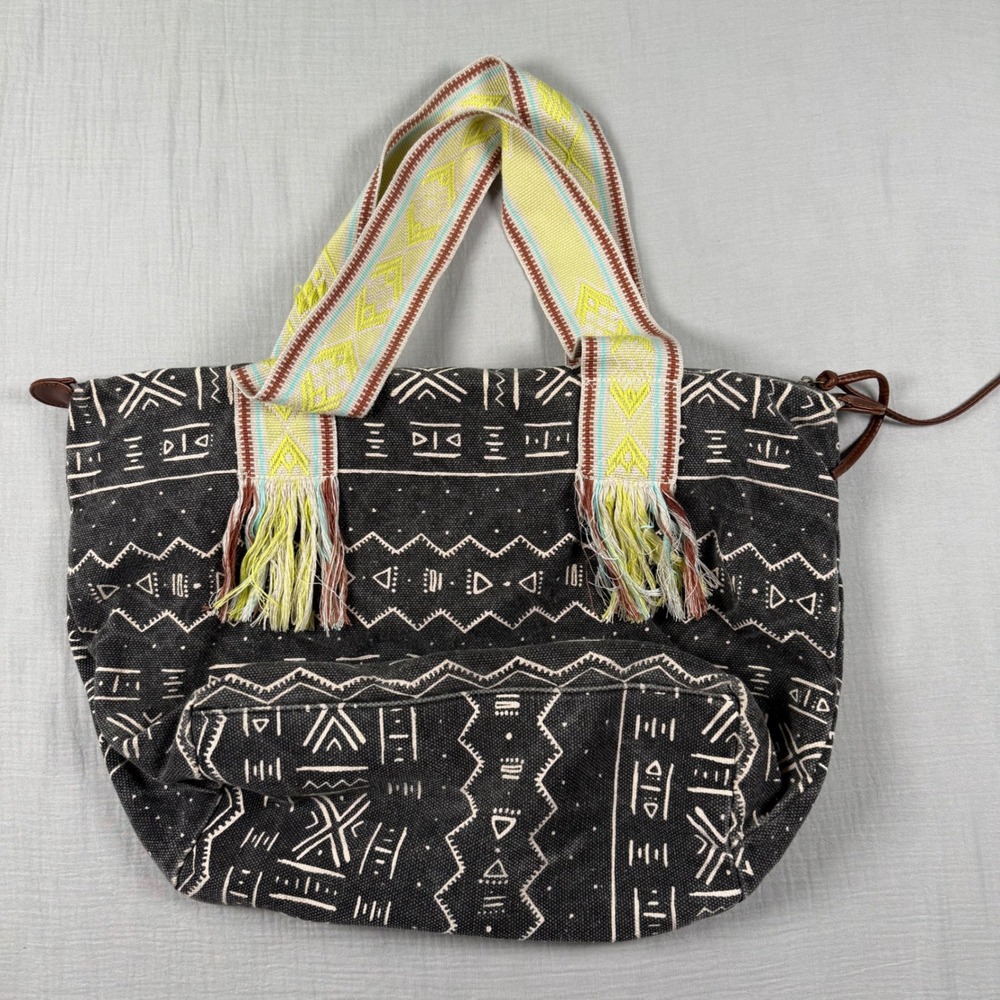 Billabong Womens Tote Bag Black Woven Canvas Tribal Boho Fringed Straps Surfer - Picture 3 of 10